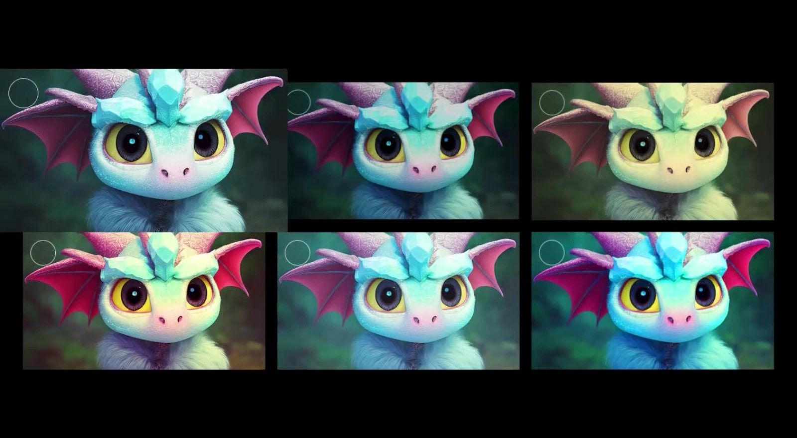 Existem seis tipos de imagens de ajuste do ecrã e selecionar dois deles apresenta os próximos seis tipos de opções de ecrã. Um vídeo demonstra a funcionalidade AI Picture Wizard ao selecionar duas das seis opções de ecrã novamente.